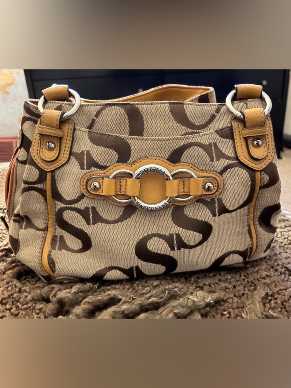 Sophia Caperelli  Brown Signature Canvas Shoulder Bag with Tan Leather Trim